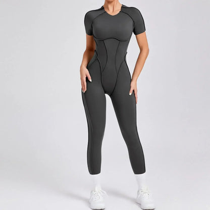 Cralom Seamless Yoga Jumpsuit Set for Women - Hip-lifting, Open Back, Short-sleeved