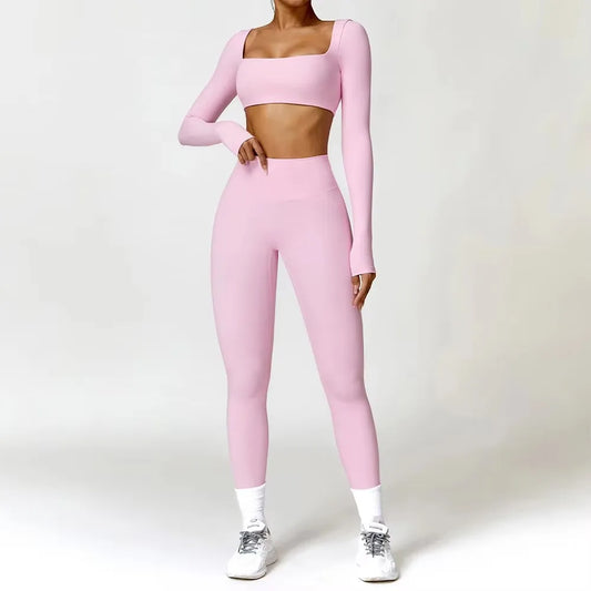 Cralom Yoga Set: Legging & Long Sleeve Crop Top Athletic Wear Gym Fitness Suit