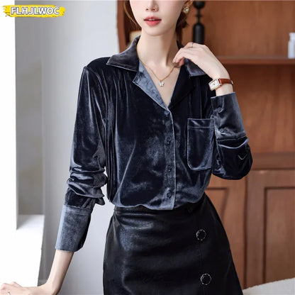 Cralom Long Sleeve Solid Gray Velvet Blouse French Style Women's Winter Top