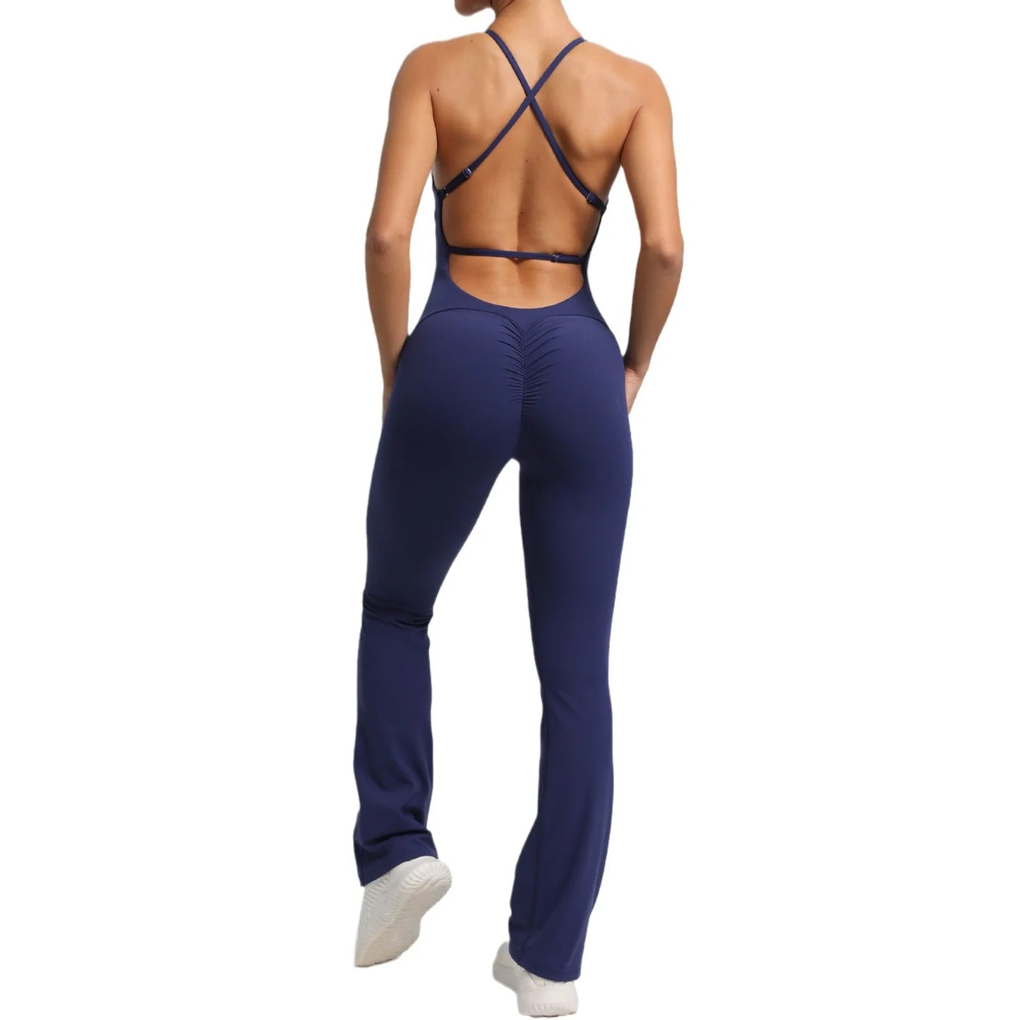 Cralom Yoga Set Flared Jumpsuit for Women Gym Workout Scrunch Bodysuits