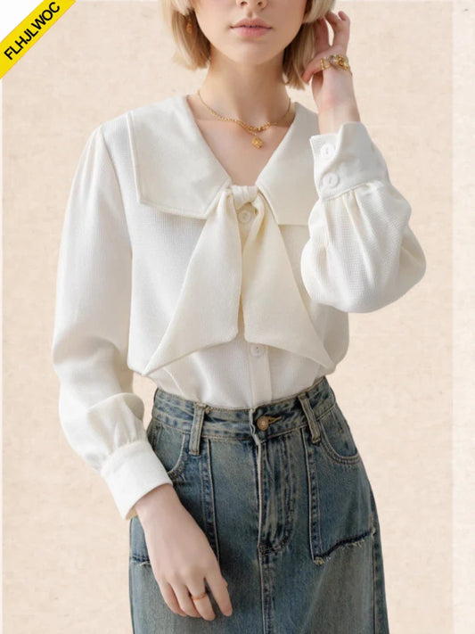 Cralom Sweet Ribbon Button Bow Tie Top for Women - Elegant Korean Style Blouse