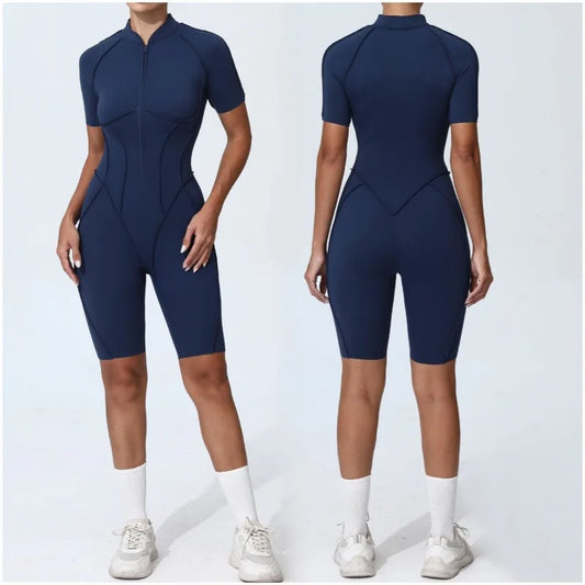 Cralom Seamless Yoga Jumpsuit Short Sleeve Fitness Bodysuit Zipper Activewear