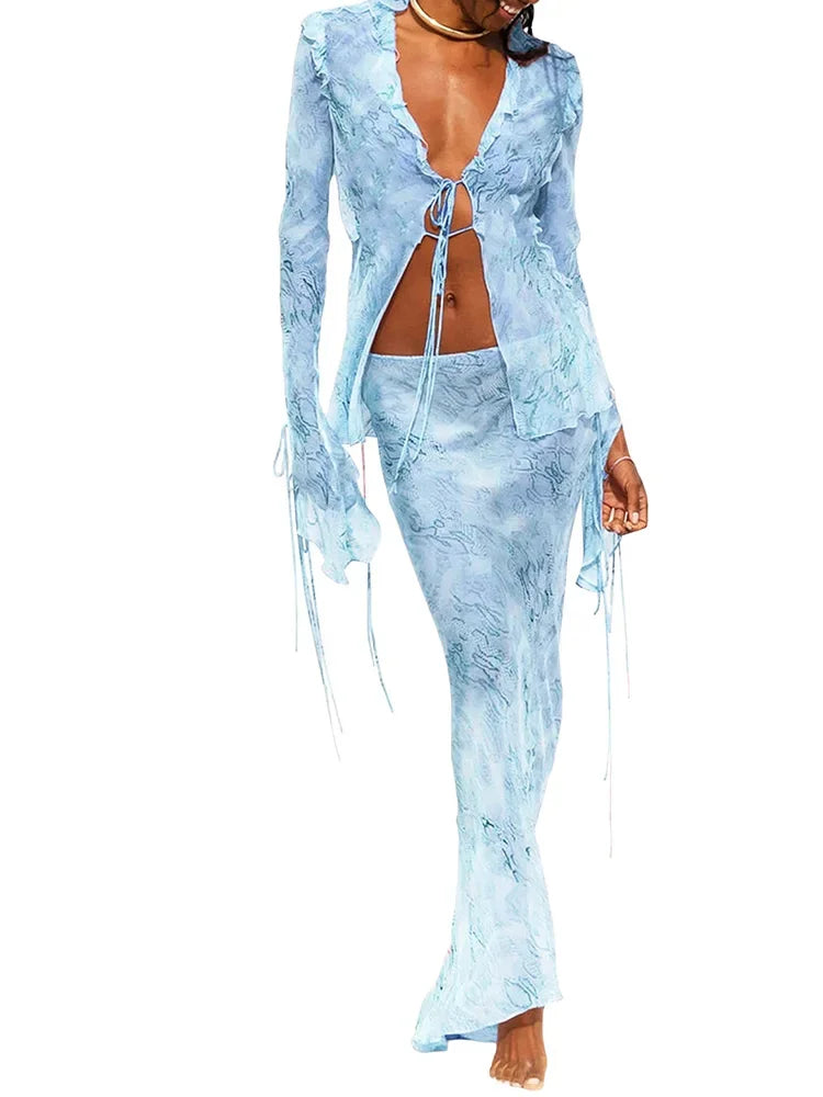 Cralom Floral Crop Cami Top with Ruffle Maxi Skirt Set