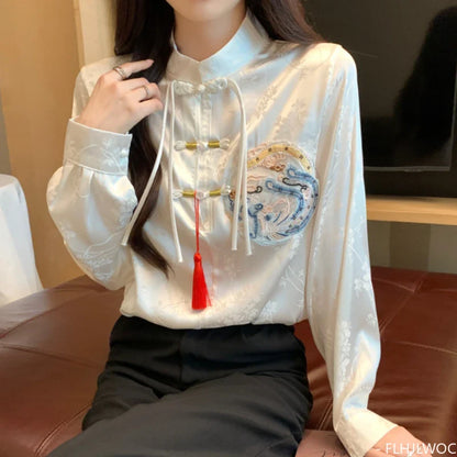 Cralom 2024 Spring Stand Collar Bow Tie Embroidered Blouse Vintage Button Shirt