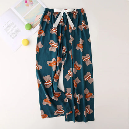 Cralom Floral Cotton Silk Pajama Pants Women's Loose Wide-leg Trousers