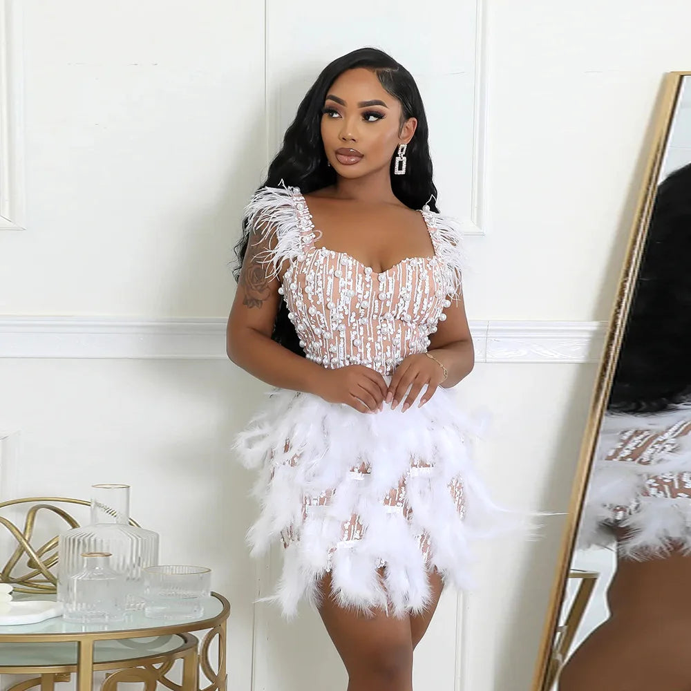Cralom V-neck Dress with Nail Beads and Feathers
