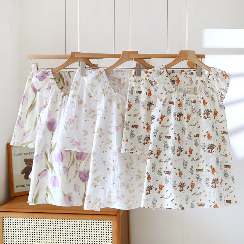Cralom 100% Cotton Crepe Summer Pajama Set: Vest & Shorts Two Piece Sleepwear