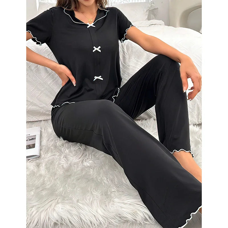 Cralom Satin Pajama Set: Short Sleeve Top & Elastic Pants, Simple Style Comfort loungewear