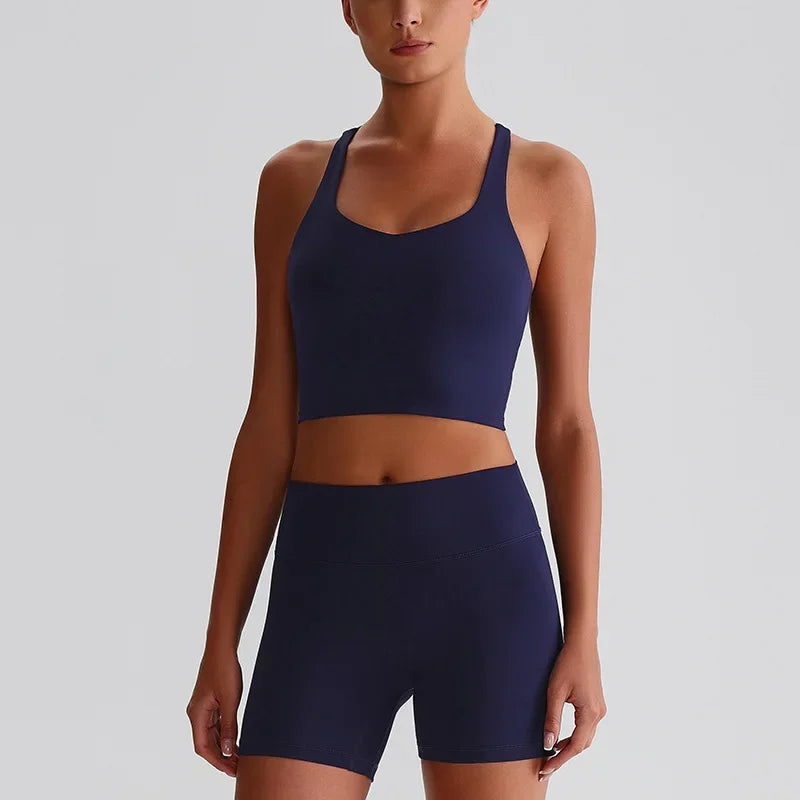 Cralom Naked Feel Yoga Set: Backless Top & Peach Booty Shorts