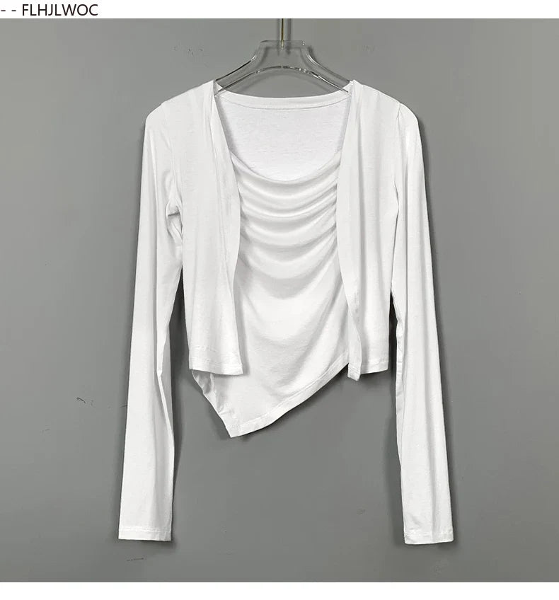 Cralom Y2K Bodycon Two-Piece Set Tops, Sexy Slim Fit Blouses, New Style Korean Tees