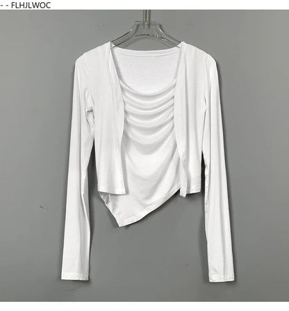 Cralom Y2K Bodycon Two-Piece Set Tops, Sexy Slim Fit Blouses, New Style Korean Tees