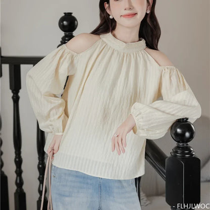 Cralom Off Shoulder Puff Sleeve Lace-Up Blouse