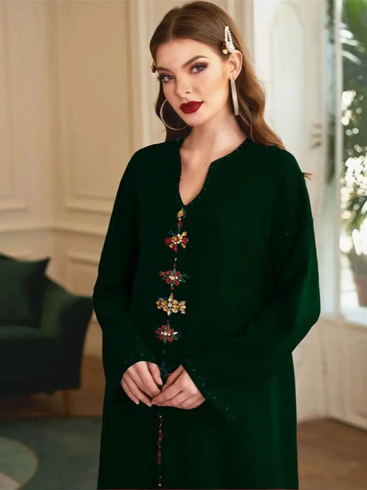 Luxury Dark Green Muslim Abaya Dress by Cralom - Eid Ramadan Dubai Robe