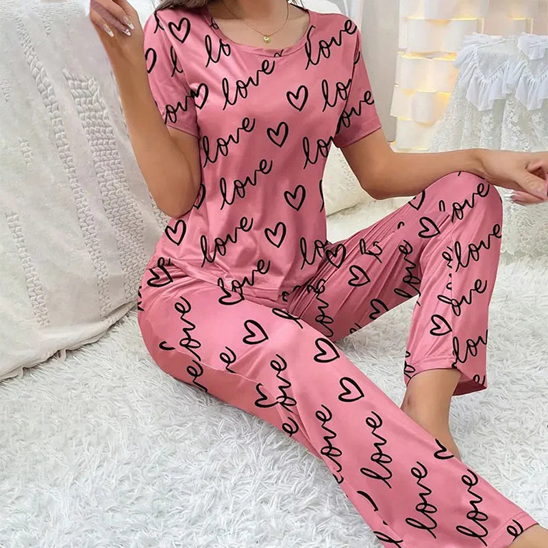 Cralom Dark Pink Letter Printed Pyjamas Set with Eye Mask