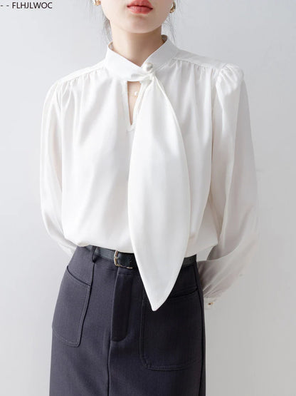 Cralom Elegant Long Sleeve Bow Tie Blouse for Women Office Chic White Shirt