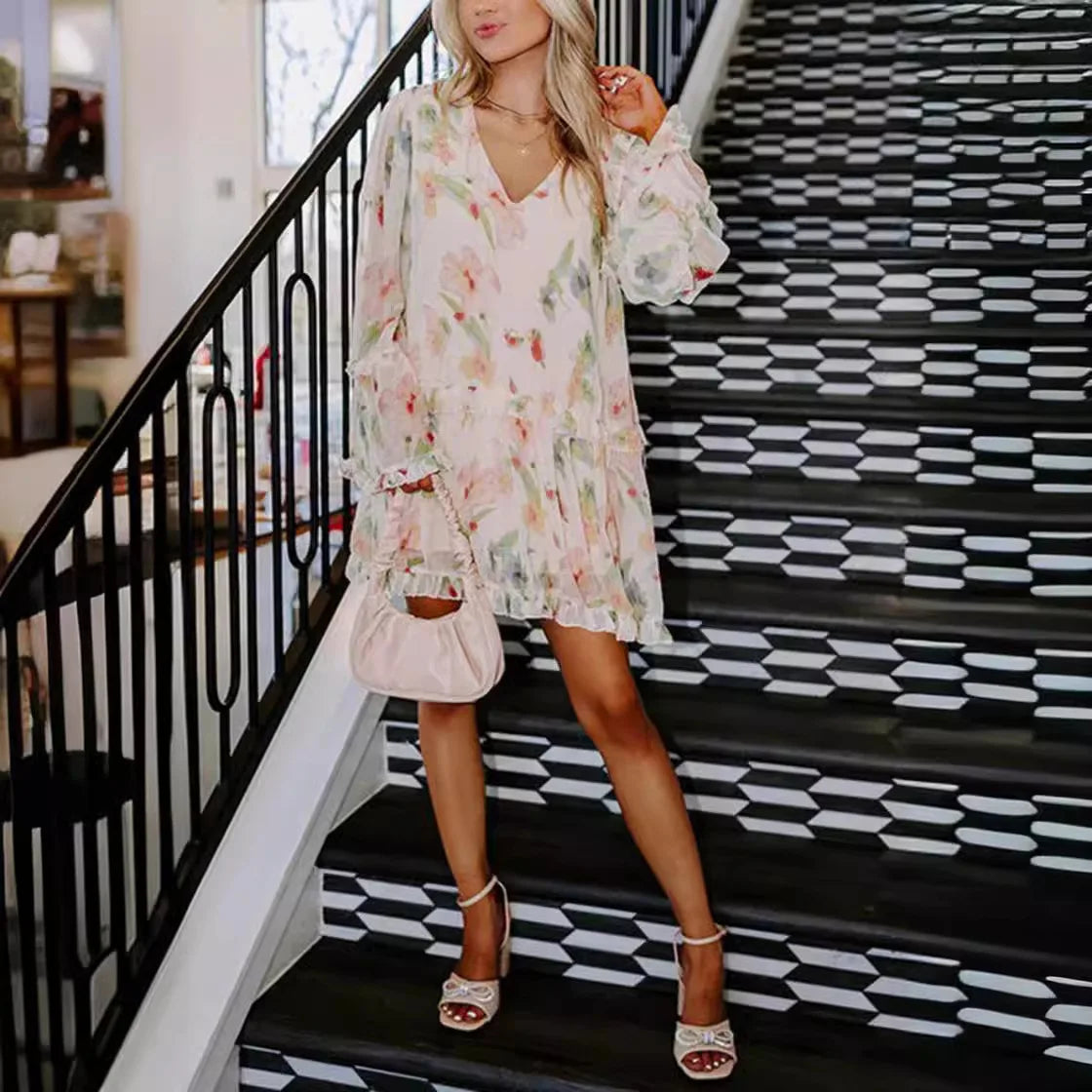 Cralom Sweet Mushroom Edge Double Layered V-neck Mini Dress