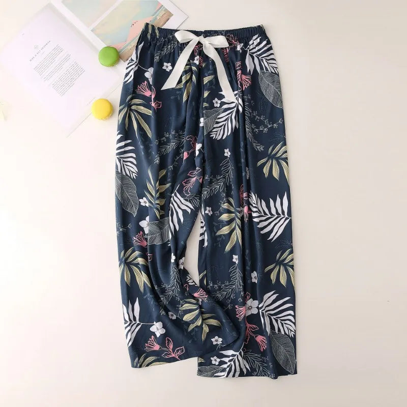 Cralom Floral Cotton Silk Pajama Pants Women's Loose Wide-leg Trousers