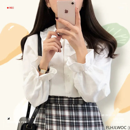 Cralom Flare Sleeve Peter Pan Collar Ruffles White Button Shirt