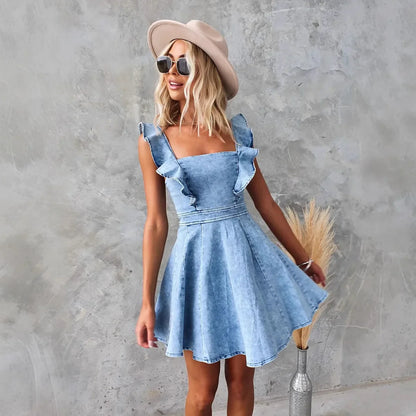 Cralom Square Neck Denim Dress with Flying Sleeve in Summer 2025