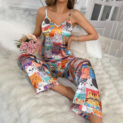 Cralom Women's Satin Floral Pajama Set - Spaghetti Strap Top, Long Pants Sleepwear