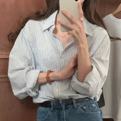 Cralom Striped Boyfriend Shirts: Sweet Girls' Retro Tops for a Cute Preppy Look