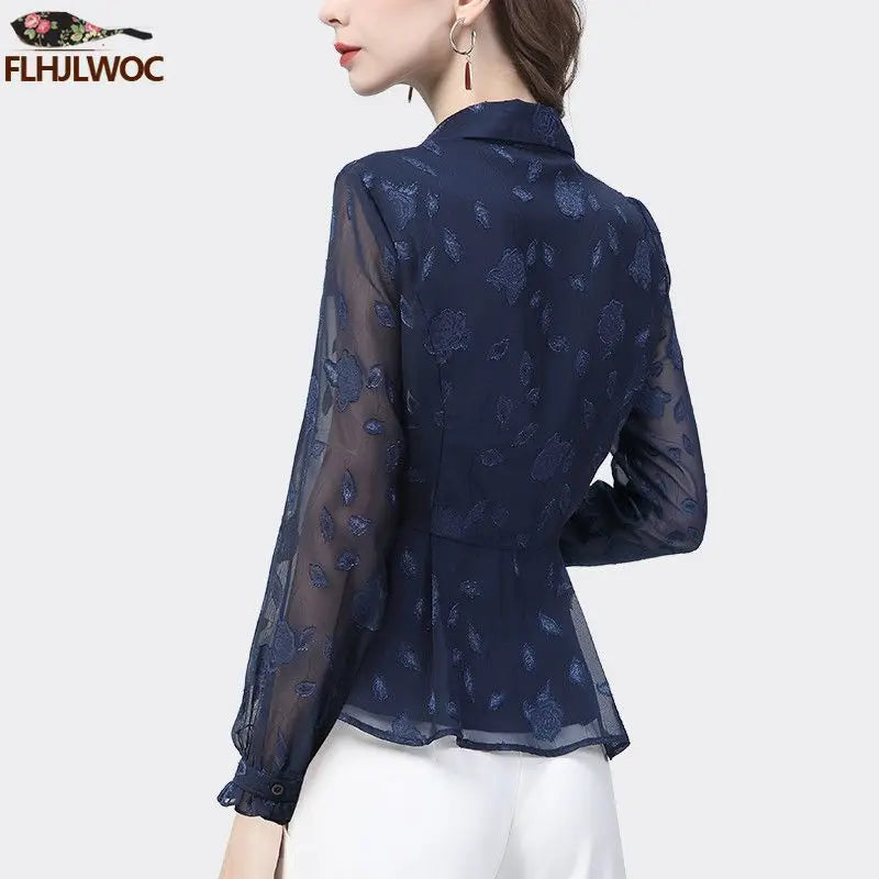 Cralom Black Lace Slim Fit Blouse: Vintage French Design, Elegant & Cute Office Wear