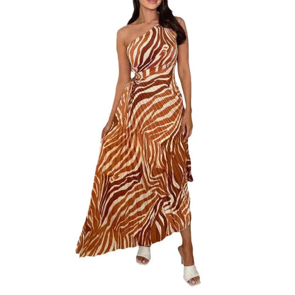Cralom Lace Up Print Single Shoulder Dress