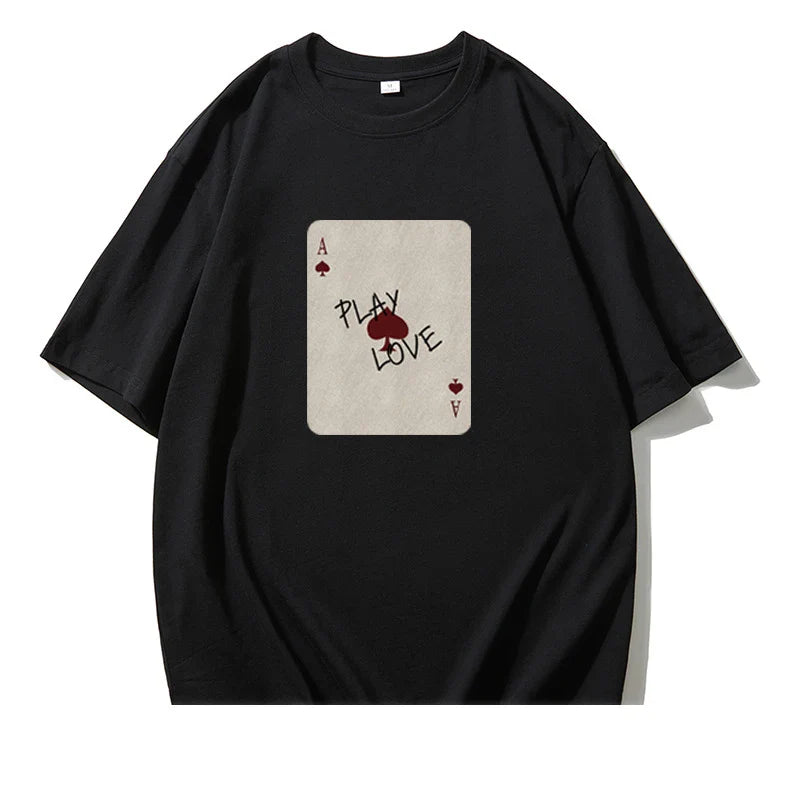 Cralom Poker Card Print T-Shirt Women's O-Neck Summer Top