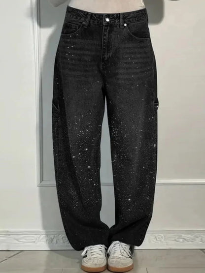 Cralom Rhinestone Wide Leg Vintage Jeans Women Y2K Korean Fashion Straight High Waist