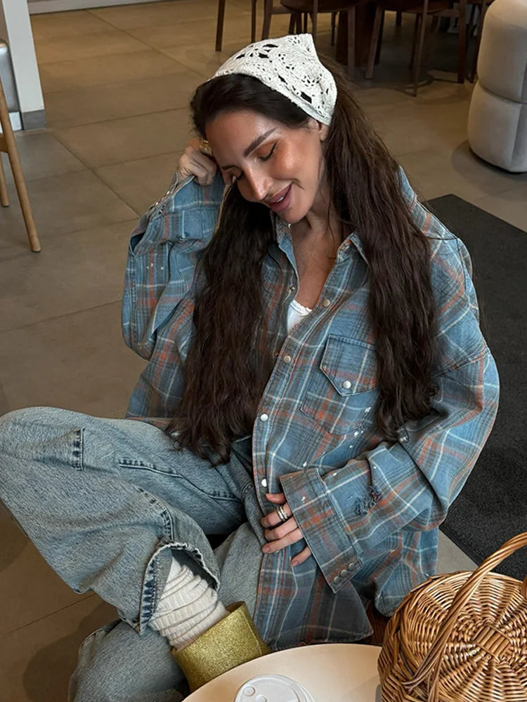 Cralom Vintage Oversized Denim Plaid Shirt with Lapel Pocket