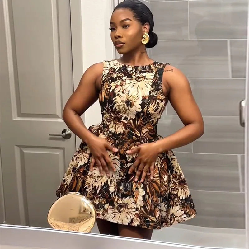 Cralom 2025 Summer Print A-line Sleeveless Short Dress