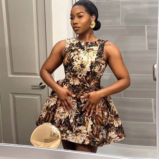 Cralom 2025 Summer Print A-line Sleeveless Short Dress