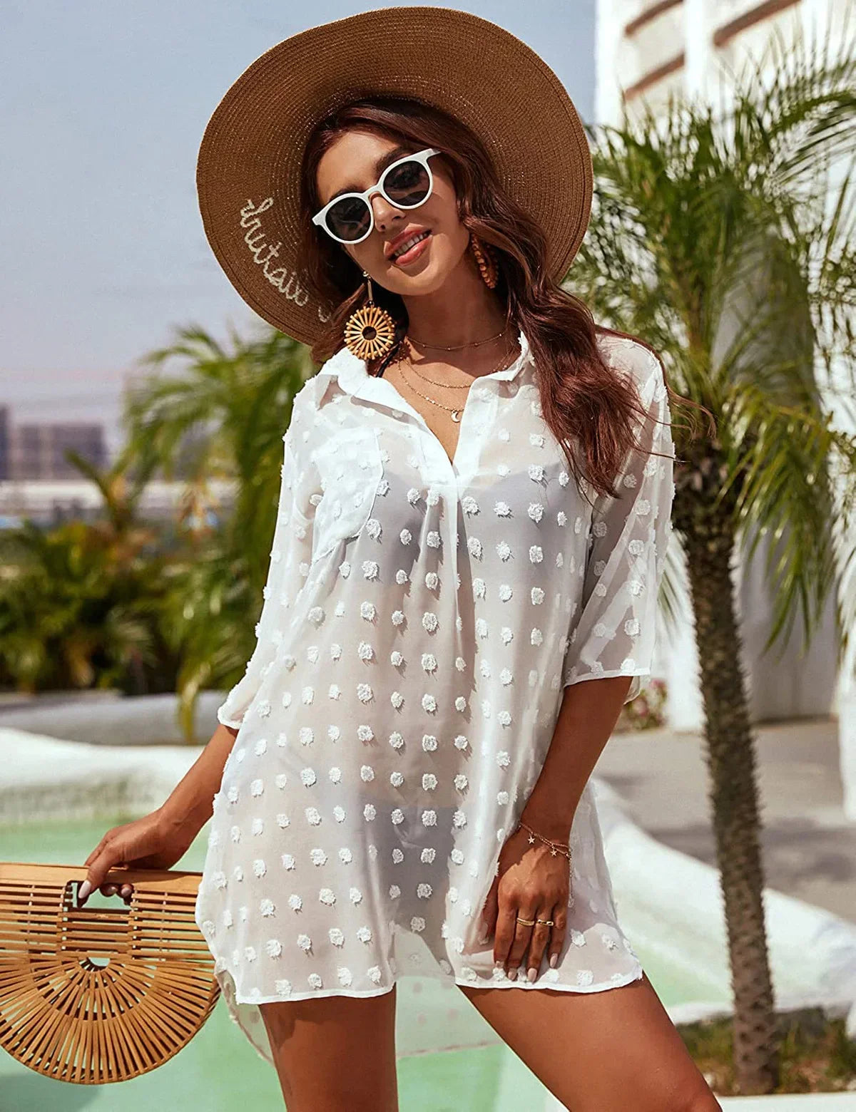Cralom White Jacquard Split Collar Shirt Medium Length Cover