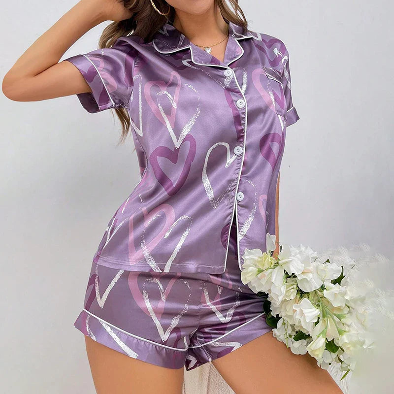 Cralom Heart Print Pajama Set: Short Sleeve Top & Shorts Sleepwear