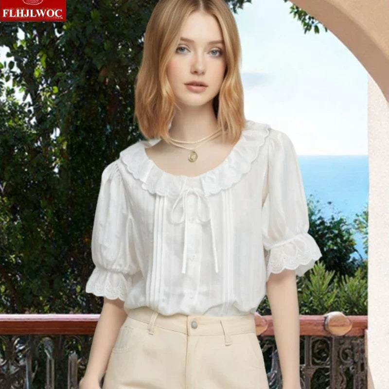 Cralom Ruffled Lace Summer Top - White Short Sleeve Casual Hollow Out Shirt