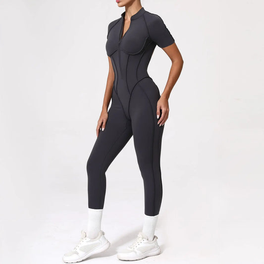 Cralom Yoga Shorts Sleeve Zipper Suit for Women | High Elasticity Stretch Training Set