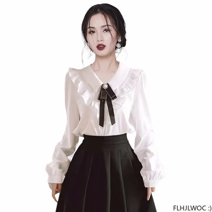 Cralom Ruffled Ribbon Bow Tie Elegant White Blouse