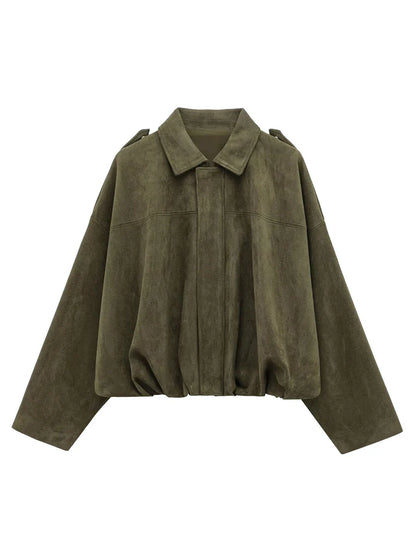 Cralom Lapel Zipper Jacket Women Long Sleeve Patchwork Coat