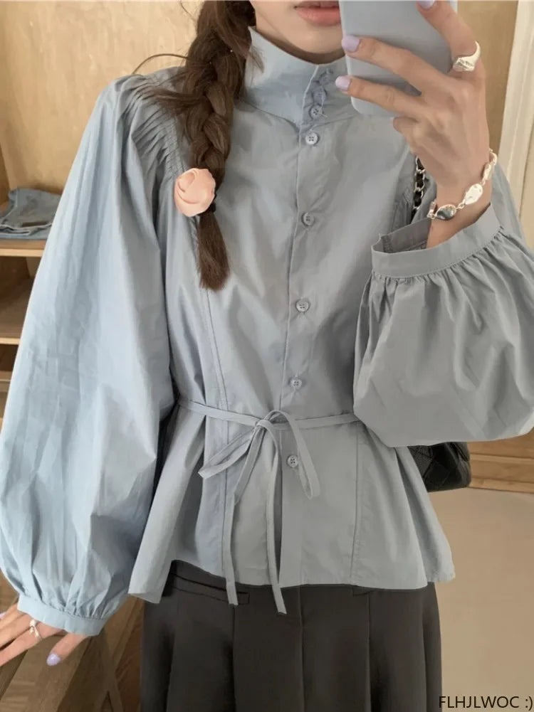 Cralom Autumn Cotton Turtleneck Tops, Chic French Style Button Shirts