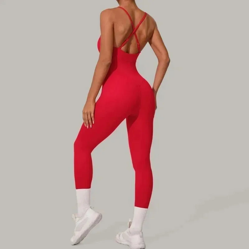 Cralom Seamless Cross Back Yoga Jumpsuit - Adjustable Straps, Butt Lifting