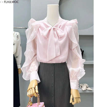 Cralom Pink Bow Tie Long Sleeve Blouse - Elegant Office Lady Korean Style Tops