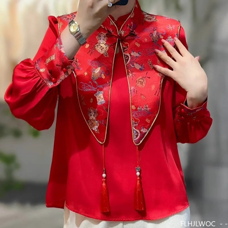 Cralom Red Chi-pao Collar Blouse 2024 Collection