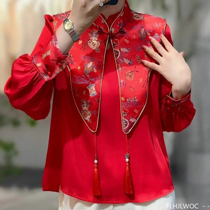 Cralom Red Chi-pao Collar Blouse 2024 Collection