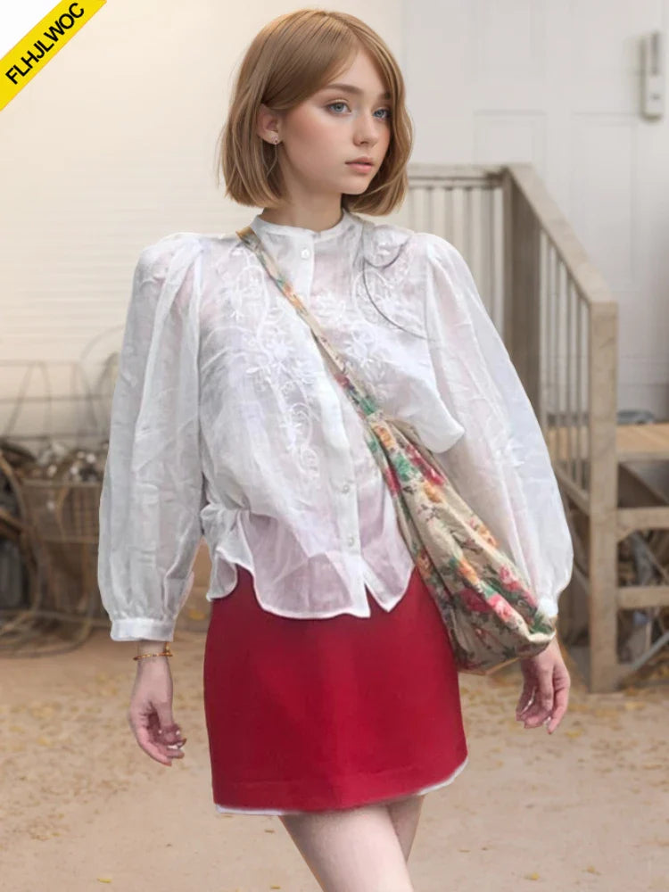 Cralom Embroidered Mesh Sheer Blouse - Women's Stylish Transparent Top