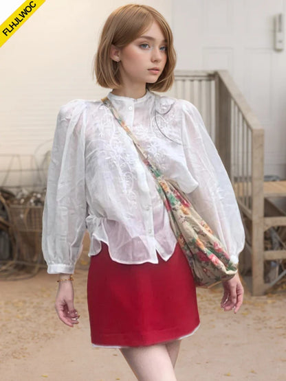 Cralom Embroidered Mesh Sheer Blouse - Women's Stylish Transparent Top