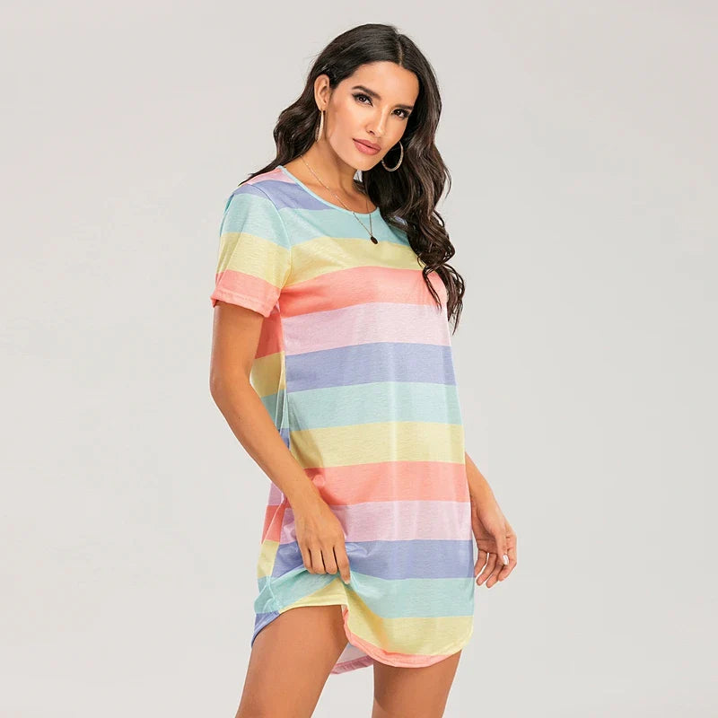 Cralom Rainbow Stripe Nightgown: Short Sleeve Loose Fit Women's Sleepwear & Summer Lounge Dress
