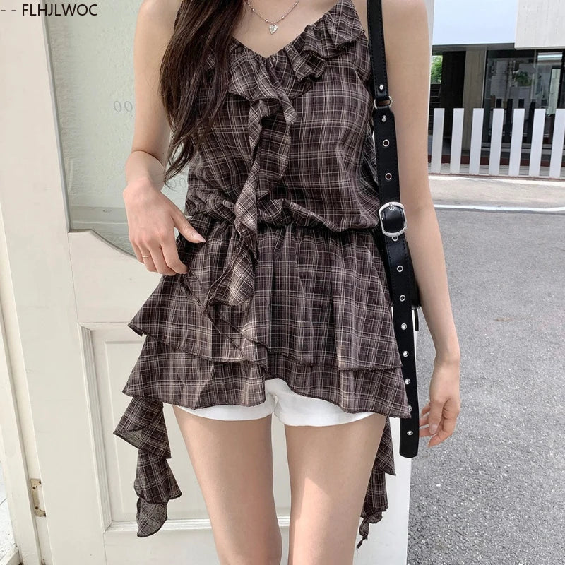 Cralom Plaid Peplum Top: Sleeveless Retro Ruffles and Slim Fit Blouse
