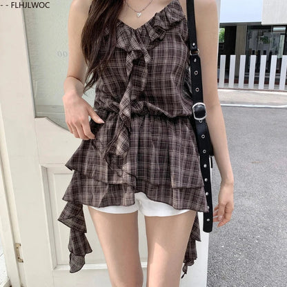 Cralom Plaid Peplum Top: Sleeveless Retro Ruffles and Slim Fit Blouse