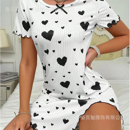 Cralom Heart Print Short-Sleeve Nightgown: Comfy Crew Neck Sleepdress for Summer