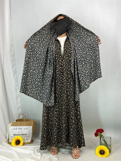 Ramadan Floral Print Abaya Hooded Kaftan by Cralom: Elegant Muslim Dress for Women